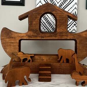 Handcrafted Solid Wood Noah's Ark Playset with Animal Pairs